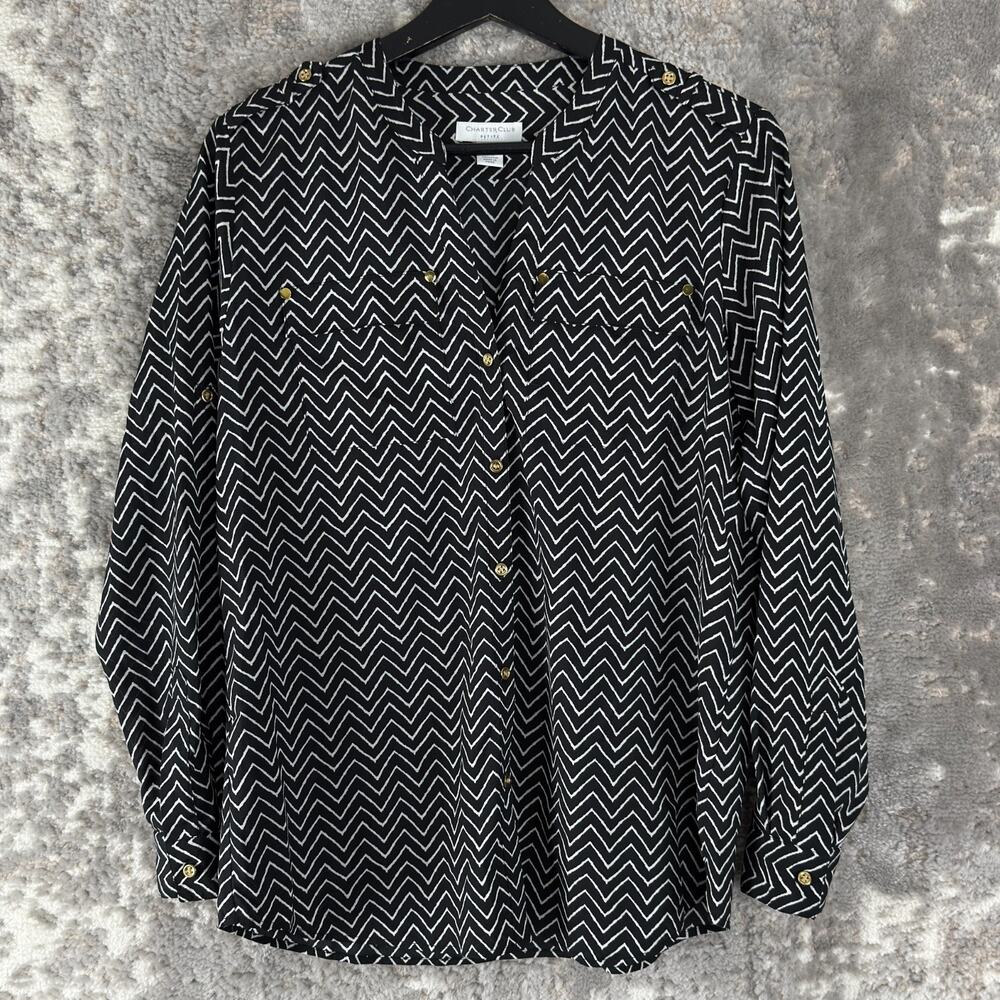 Charter Club Petite Size PM Zigzag Casual Button Top Black White Long Sleeve
